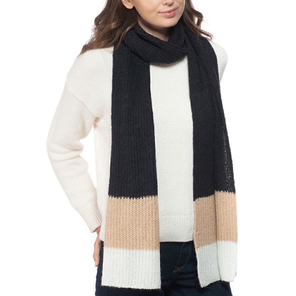 Style Co Black White Tan Knit Rib Colorblock Striped Muffler Scarf One Size NWT